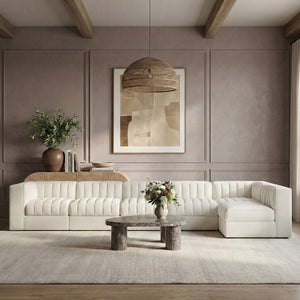 Meridian Furniture Rummi Six Piece Modular Sectional Channel Tufted Cream Velvet Contemporary Sofa 660Cream-Sec6E