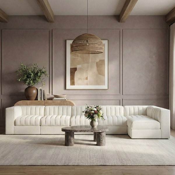 Meridian Furniture Rummi Six Piece Modular Sectional Channel Tufted Cream Velvet Contemporary Sofa 660Cream-Sec6E