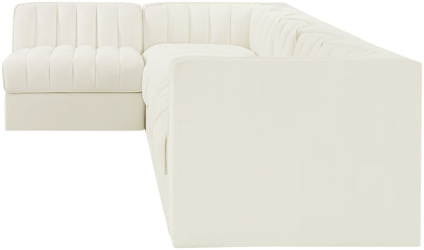 Meridian Furniture Rummi Six Piece Modular Sectional Channel Tufted Cream Velvet Contemporary Sofa 660Cream-Sec6E