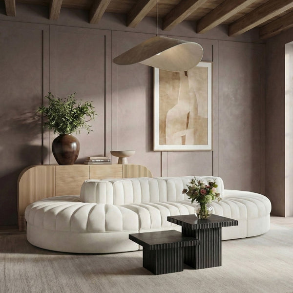 Meridian Furniture Rummi Eight Piece Modular Sectional Channel Tufted Velvet Lounge for Living Rooms 660Cream-Sec8B