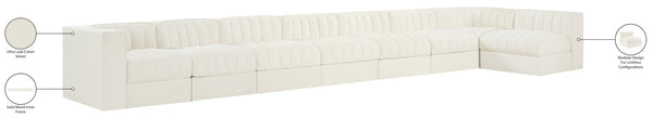 Meridian Furniture Rummi Eight Piece Modular Sectional Channel Tufted Cream Velvet Low Profile Sofa 660Cream-Sec8D