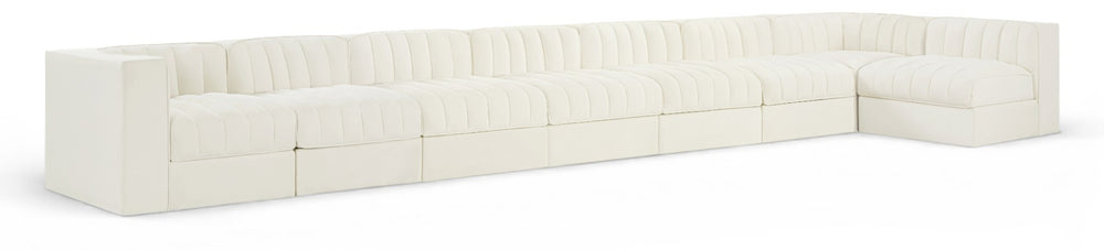 Meridian Furniture Rummi Eight Piece Modular Sectional Channel Tufted Cream Velvet Low Profile Sofa 660Cream-Sec8D