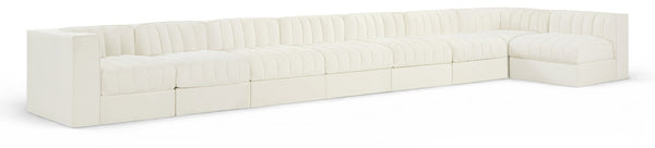Meridian Furniture Rummi Eight Piece Modular Sectional Channel Tufted Cream Velvet Low Profile Sofa 660Cream-Sec8D