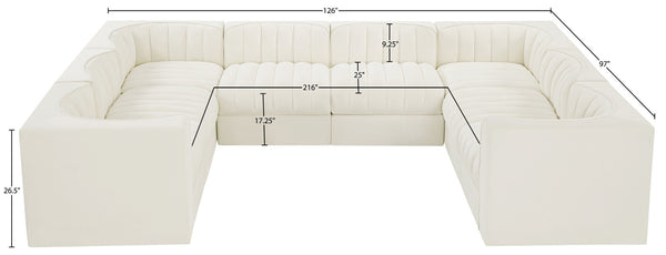 Meridian Furniture Rummi Channel Tufted Cream Velvet Modular Sectional Low Profile Living Room Sofa 660Cream-Sec8E