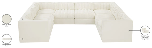 Meridian Furniture Rummi Channel Tufted Cream Velvet Modular Sectional Low Profile Living Room Sofa 660Cream-Sec8E