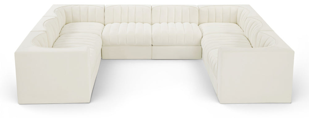 Meridian Furniture Rummi Channel Tufted Cream Velvet Modular Sectional Low Profile Living Room Sofa 660Cream-Sec8E