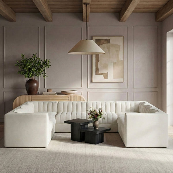 Meridian Furniture Rummi Channel Tufted Cream Velvet Modular Sectional Low Profile Living Room Sofa 660Cream-Sec8E