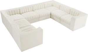 Meridian Furniture Rummi Channel Tufted Cream Velvet Modular Sectional Low Profile Living Room Sofa 660Cream-Sec8E