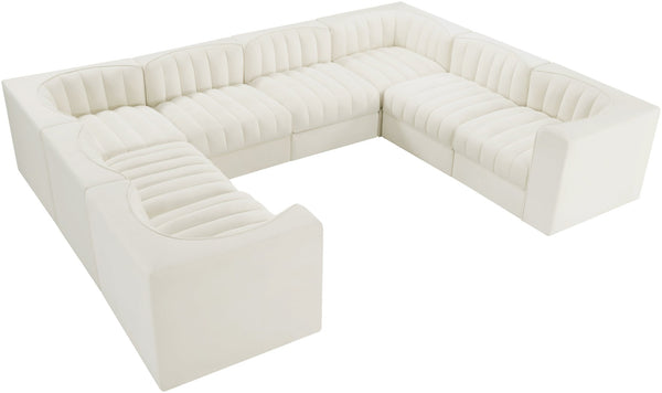 Meridian Furniture Rummi Channel Tufted Cream Velvet Modular Sectional Low Profile Living Room Sofa 660Cream-Sec8E