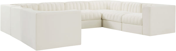 Meridian Furniture Rummi Channel Tufted Cream Velvet Modular Sectional Low Profile Living Room Sofa 660Cream-Sec8E