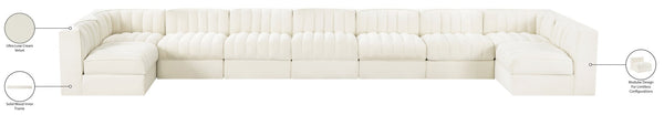 Meridian Furniture Rummi Nine Piece Modular Sectional Cream Velvet Channel Tufted Contemporary Sofa 660Cream-Sec9A