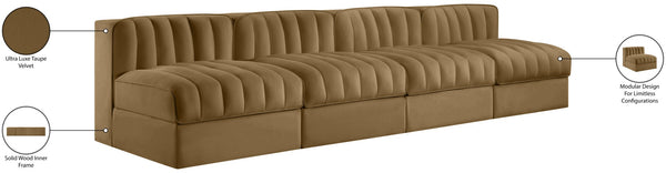 Meridian Furniture Rummi Four Piece Modular Sofa Saddle Velvet Channel Tufted Low Profile Living Room 660Saddle-S116