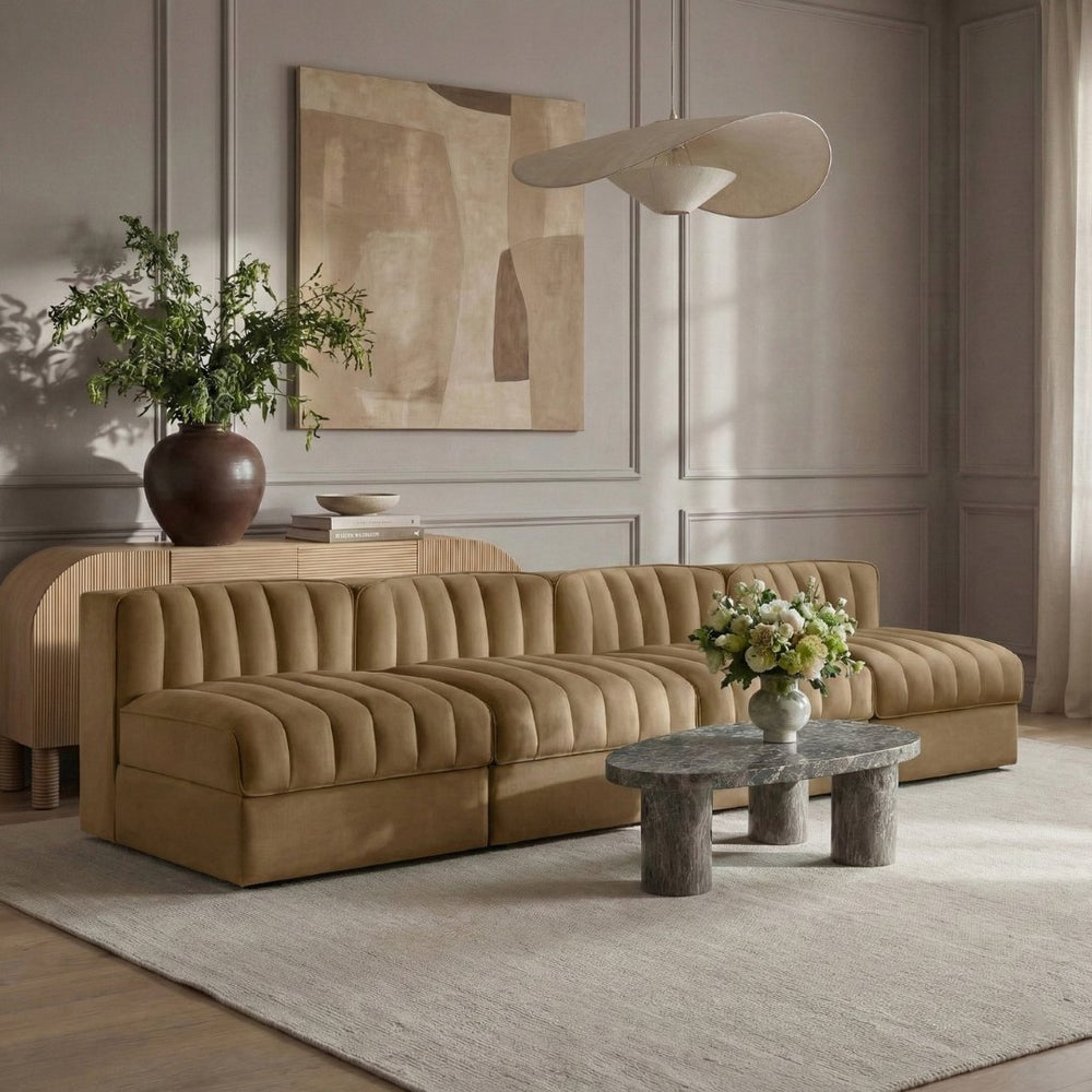 Meridian Furniture Rummi Four Piece Modular Sofa Saddle Velvet Channel Tufted Low Profile Living Room 660Saddle-S116