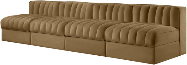 Meridian Furniture Rummi Four Piece Modular Sofa Saddle Velvet Channel Tufted Low Profile Living Room 660Saddle-S116