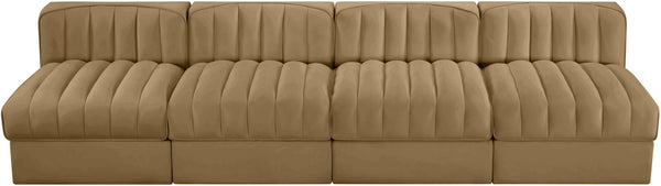 Meridian Furniture Rummi Four Piece Modular Sofa Saddle Velvet Channel Tufted Low Profile Living Room 660Saddle-S116