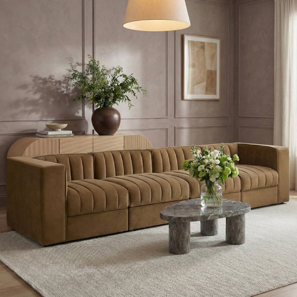 Meridian Furniture Rummi Four Piece Modular Sofa with Channel Tufting and Stain Resistant Velvet 660Saddle-S126