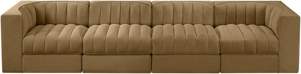 Meridian Furniture Rummi Four Piece Modular Sofa with Channel Tufting and Stain Resistant Velvet 660Saddle-S126