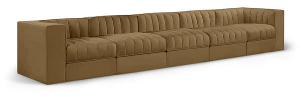 Meridian Furniture Rummi Five Piece Modular Sofa Channel Tufted Saddle Velvet for Open Living Rooms 660Saddle-S155