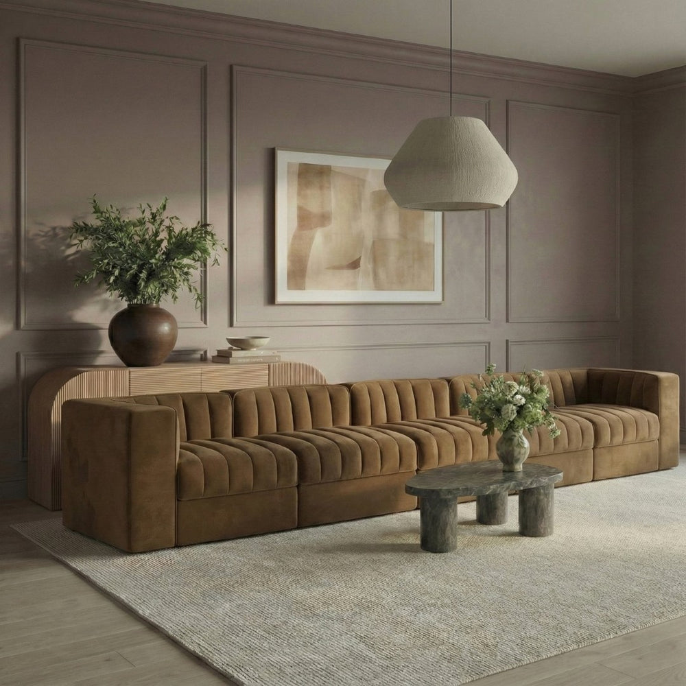 Meridian Furniture Rummi Five Piece Modular Sofa Channel Tufted Saddle Velvet for Open Living Rooms 660Saddle-S155