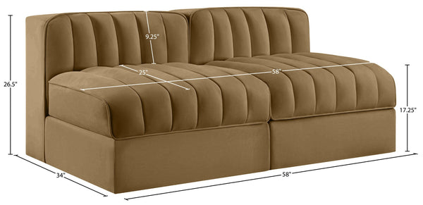 Meridian Furniture Rummi Channel Tufted Modular Loveseat in Stain Resistant Performance Velvet for Modern Living Saddle 58 inches 660Saddle-S58