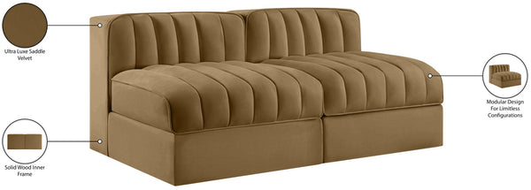 Meridian Furniture Rummi Channel Tufted Modular Loveseat in Stain Resistant Performance Velvet for Modern Living Saddle 58 inches 660Saddle-S58