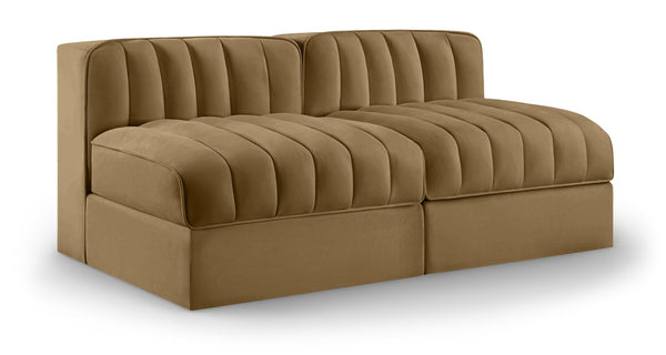 Meridian Furniture Rummi Channel Tufted Modular Loveseat in Stain Resistant Performance Velvet for Modern Living Saddle 58 inches 660Saddle-S58