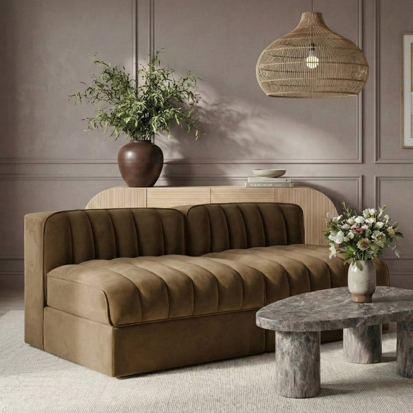 Meridian Furniture Rummi Channel Tufted Modular Loveseat in Stain Resistant Performance Velvet for Modern Living Saddle 58 inches 660Saddle-S58