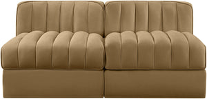 Meridian Furniture Rummi Channel Tufted Modular Loveseat in Stain Resistant Performance Velvet for Modern Living Saddle 58 inches 660Saddle-S58