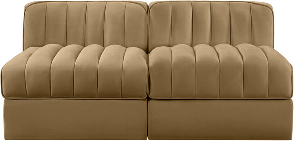 Meridian Furniture Rummi Channel Tufted Modular Loveseat in Stain Resistant Performance Velvet for Modern Living Saddle 58 inches 660Saddle-S58