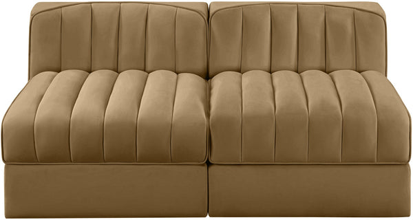 Meridian Furniture Rummi Channel Tufted Modular Loveseat in Stain Resistant Performance Velvet for Modern Living Saddle 58 inches 660Saddle-S58