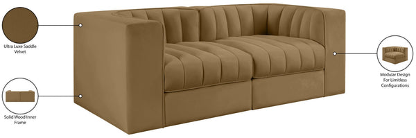 Meridian Furniture Rummi Channel Tufted Modular Loveseat in Stain Resistant Performance Velvet for Modern Living Saddle 68 inches 660Saddle-S68