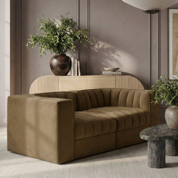 Meridian Furniture Rummi Channel Tufted Modular Loveseat in Stain Resistant Performance Velvet for Modern Living Saddle 68 inches 660Saddle-S68