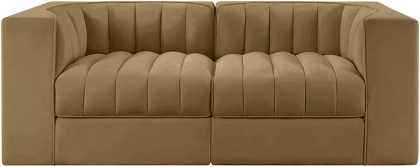 Meridian Furniture Rummi Channel Tufted Modular Loveseat in Stain Resistant Performance Velvet for Modern Living Saddle 68 inches 660Saddle-S68