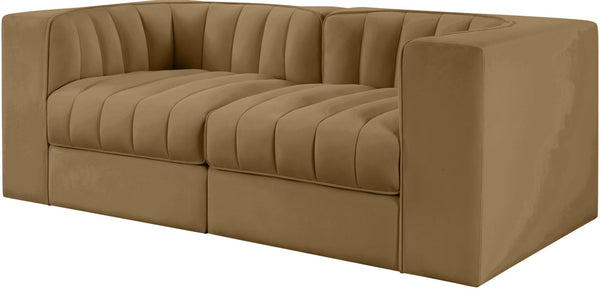 Meridian Furniture Rummi Channel Tufted Modular Loveseat in Stain Resistant Performance Velvet for Modern Living Saddle 68 inches 660Saddle-S68