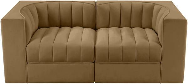Meridian Furniture Rummi Channel Tufted Modular Loveseat in Stain Resistant Performance Velvet for Modern Living Saddle 68 inches 660Saddle-S68
