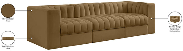 Meridian Furniture Rummi 3 Piece Modular Sofa in Channel Tufted Stain Resistant Saddle Velvet Fabric 660Saddle-S97