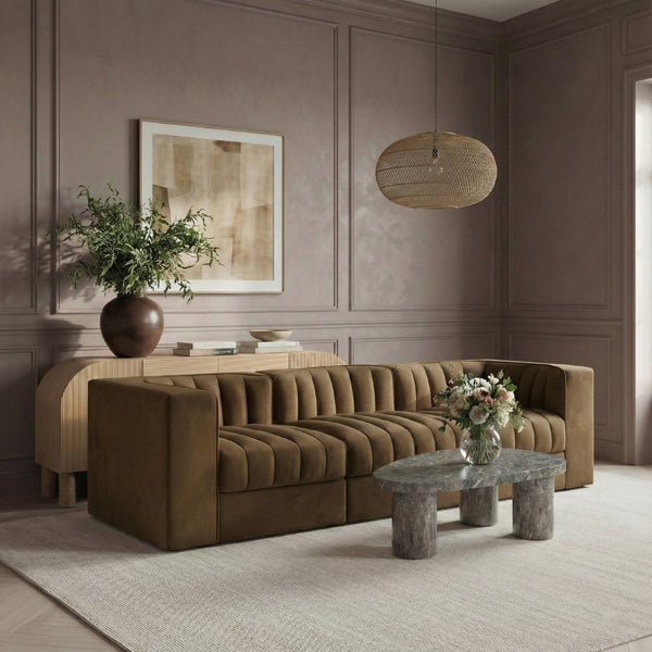 Meridian Furniture Rummi 3 Piece Modular Sofa in Channel Tufted Stain Resistant Saddle Velvet Fabric 660Saddle-S97