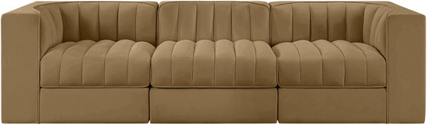 Meridian Furniture Rummi 3 Piece Modular Sofa in Channel Tufted Stain Resistant Saddle Velvet Fabric 660Saddle-S97