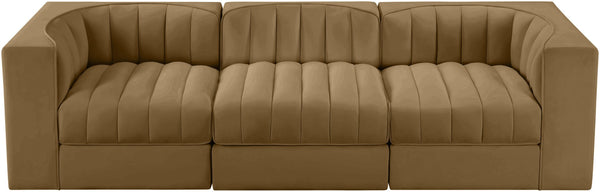 Meridian Furniture Rummi 3 Piece Modular Sofa in Channel Tufted Stain Resistant Saddle Velvet Fabric 660Saddle-S97