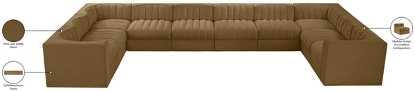 Meridian Furniture Rummi 10 Piece Modular Sectional Velvet Performance Fabric Channel Tufted Sofa 660Saddle-Sec10A