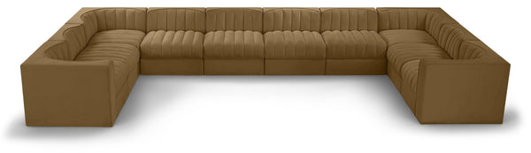 Meridian Furniture Rummi 10 Piece Modular Sectional Velvet Performance Fabric Channel Tufted Sofa 660Saddle-Sec10A