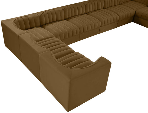 Meridian Furniture Rummi 10 Piece Modular Sectional Velvet Performance Fabric Channel Tufted Sofa 660Saddle-Sec10A