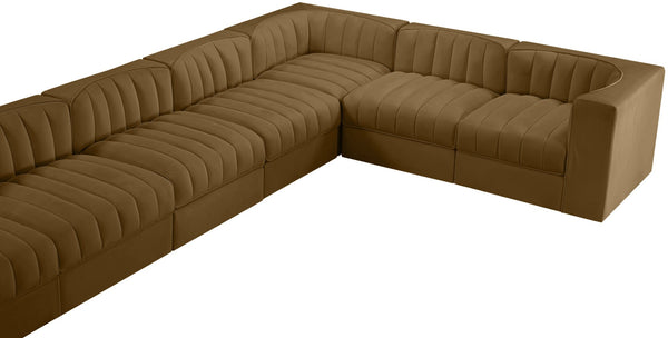 Meridian Furniture Rummi 10 Piece Modular Sectional Velvet Performance Fabric Channel Tufted Sofa 660Saddle-Sec10A