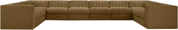 Meridian Furniture Rummi 10 Piece Modular Sectional Velvet Performance Fabric Channel Tufted Sofa 660Saddle-Sec10A