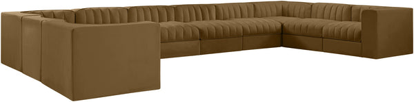 Meridian Furniture Rummi 10 Piece Modular Sectional Velvet Performance Fabric Channel Tufted Sofa 660Saddle-Sec10A