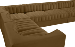 Meridian Furniture Rummi 10 Piece Modular Sectional Velvet Performance Fabric Channel Tufted Sofa 660Saddle-Sec10A