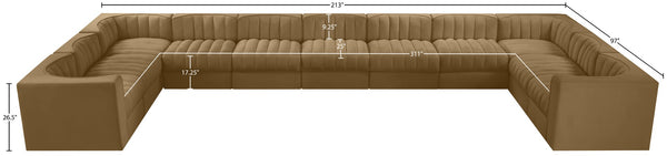 Meridian Furniture Rummi Channel Tufted Velvet Modular Sectional Eleven Piece Low Profile Living Room Sofa 660Saddle-Sec11A