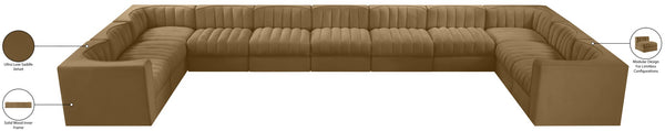 Meridian Furniture Rummi Channel Tufted Velvet Modular Sectional Eleven Piece Low Profile Living Room Sofa 660Saddle-Sec11A