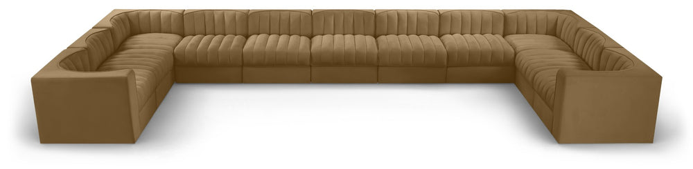 Meridian Furniture Rummi Channel Tufted Velvet Modular Sectional Eleven Piece Low Profile Living Room Sofa 660Saddle-Sec11A