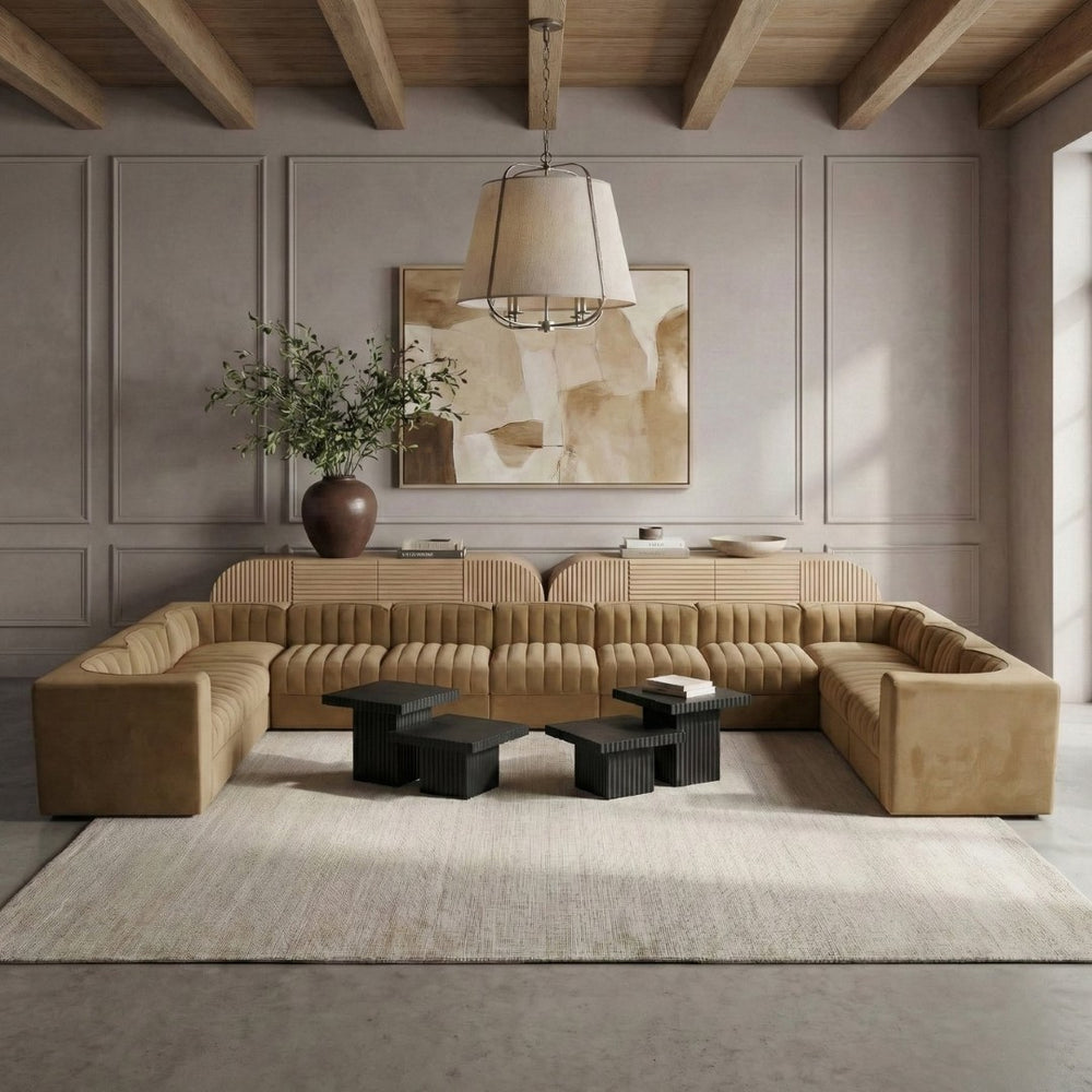 Meridian Furniture Rummi Channel Tufted Velvet Modular Sectional Eleven Piece Low Profile Living Room Sofa 660Saddle-Sec11A
